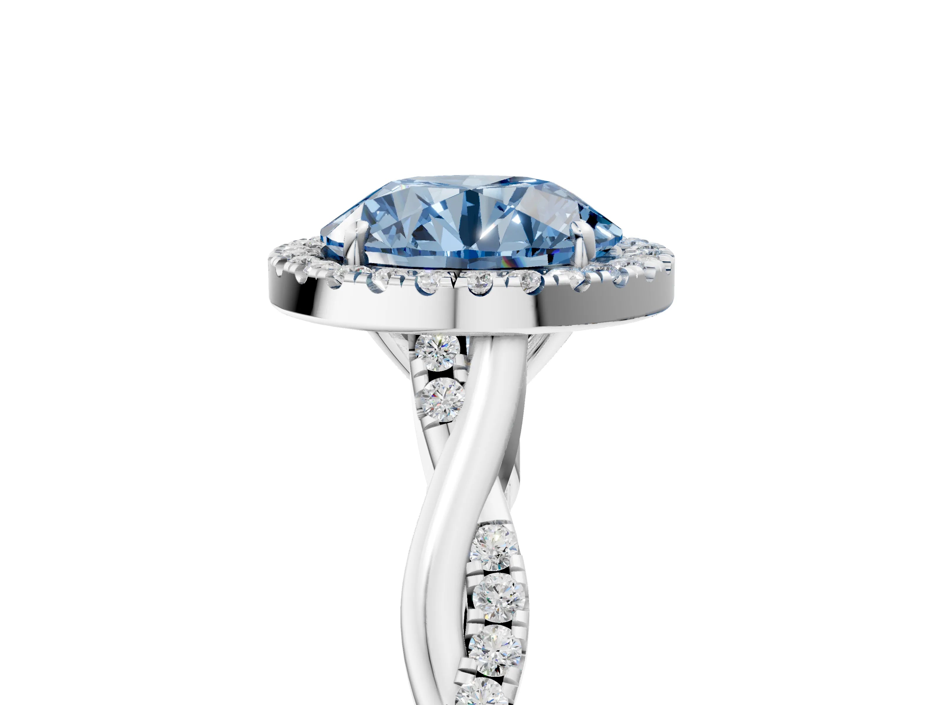 White gold Fancy Blue Round Cut Halo Twist Band with Four-Prong Setting_77