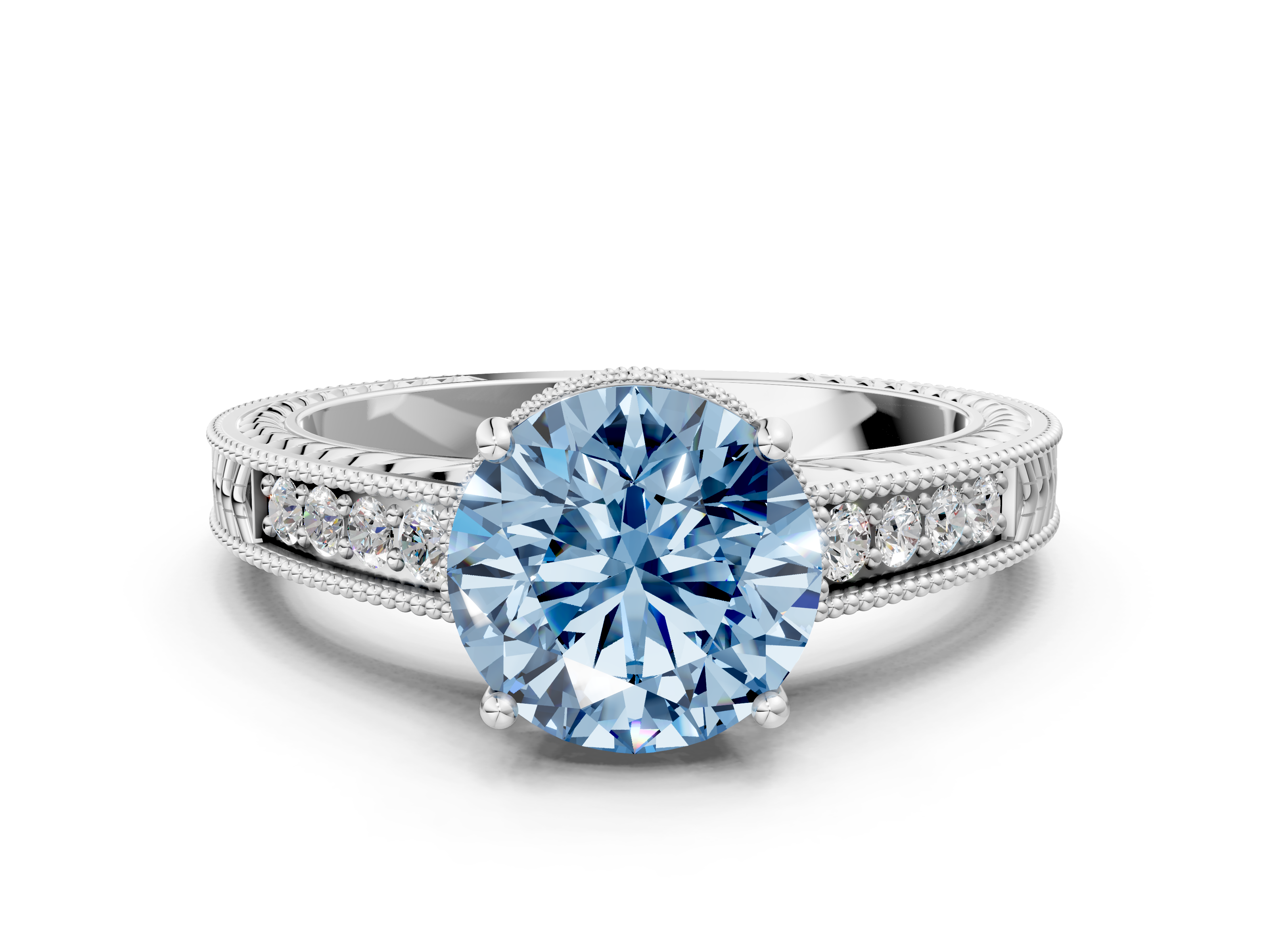 White gold Fancy Blue Round  Cut Milgrain Channel Set Engagement Ring with Solitaire Prong Setting_48