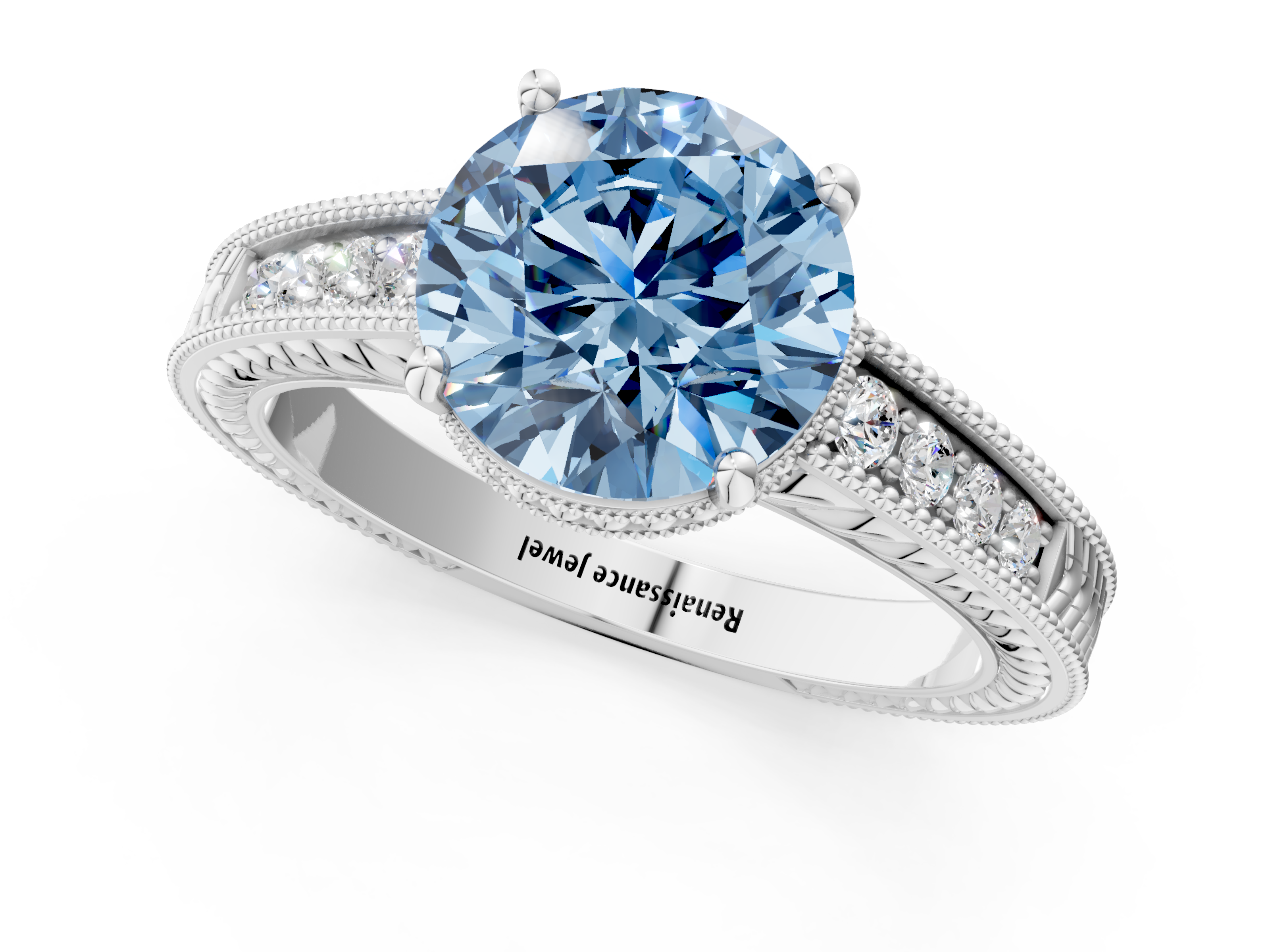 White gold Fancy Blue Round  Cut Milgrain Channel Set Engagement Ring with Solitaire Prong Setting_49