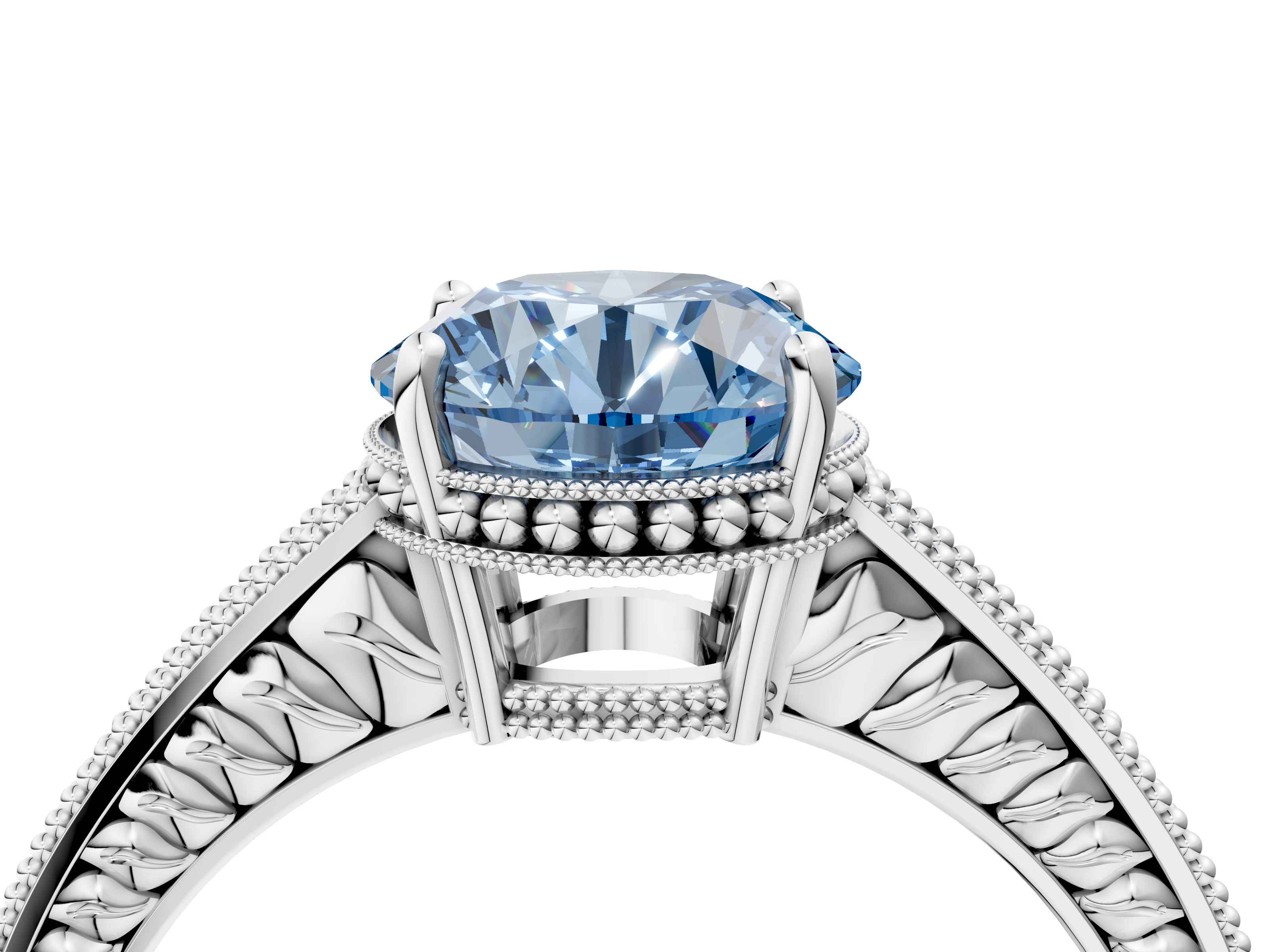 White gold Fancy Blue Round  Cut Milgrain Channel Set Engagement Ring with Solitaire Prong Setting_52