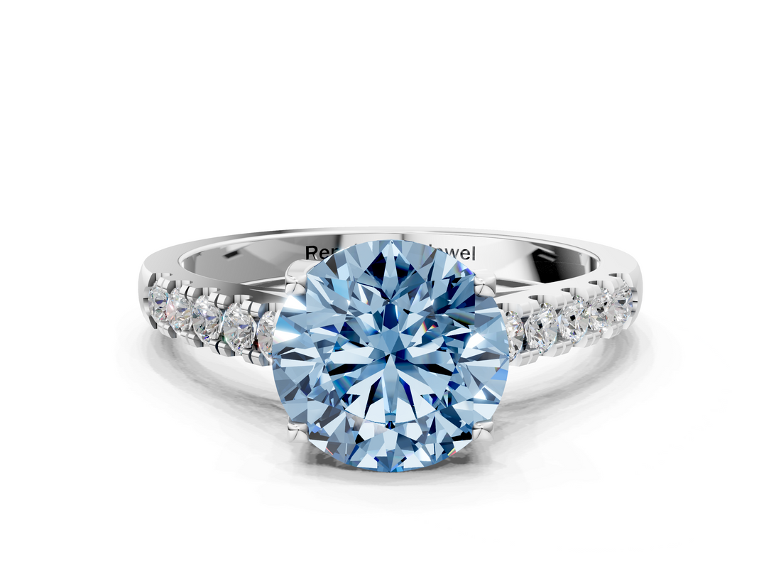 White gold Fancy Blue Round  Cut Pavé Band Solitaire Ring with Four-Prong Setting_58