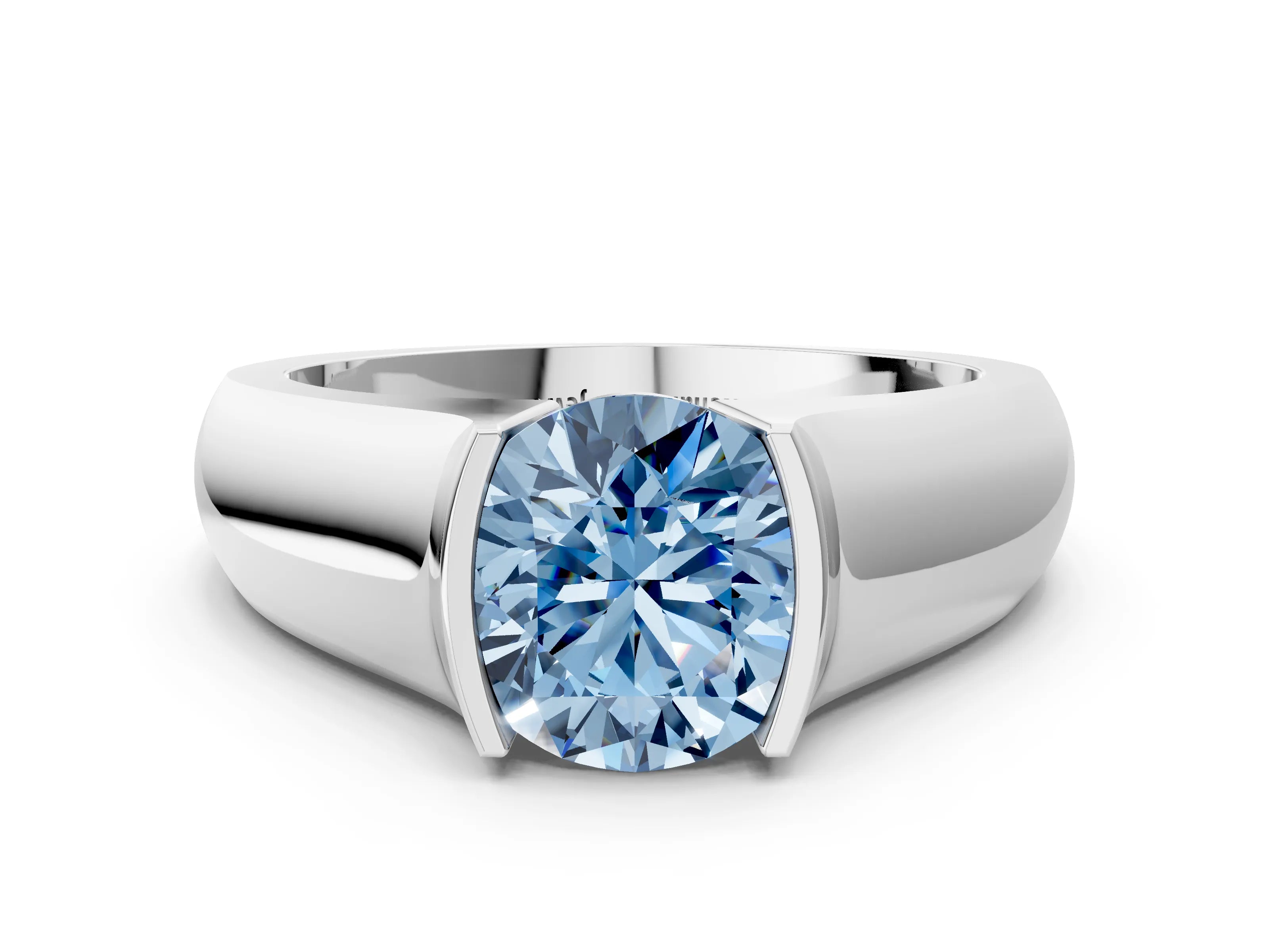 White gold Fancy Blue Round Cut Solitaire Bezel Set Diamond Ring with Wide Band_12