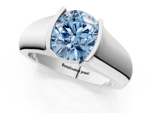 White gold Fancy Blue Round Cut Solitaire Bezel Set Diamond Ring with Wide Band_13