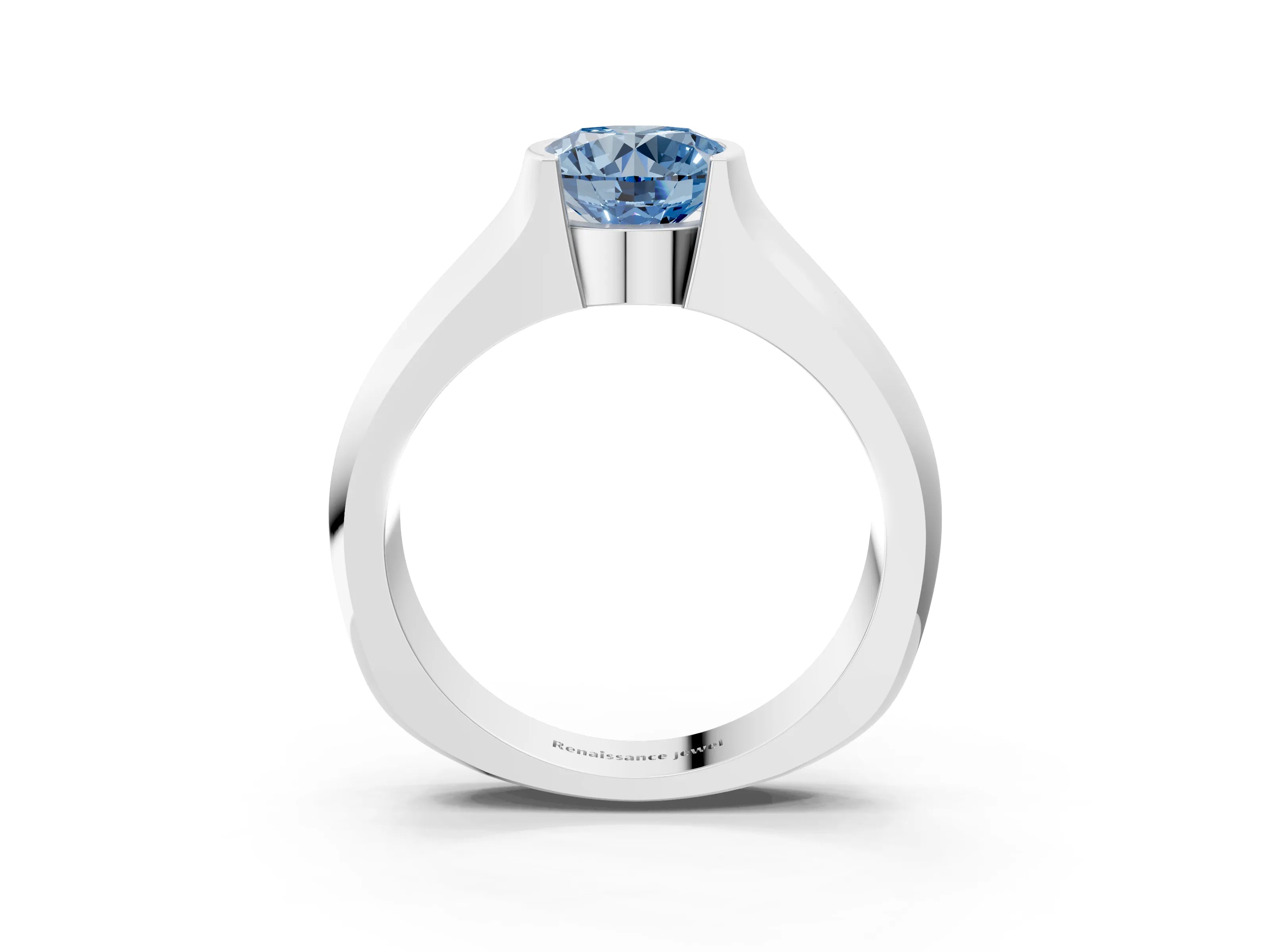 White gold Fancy Blue Round Cut Solitaire Bezel Set Diamond Ring with Wide Band_15