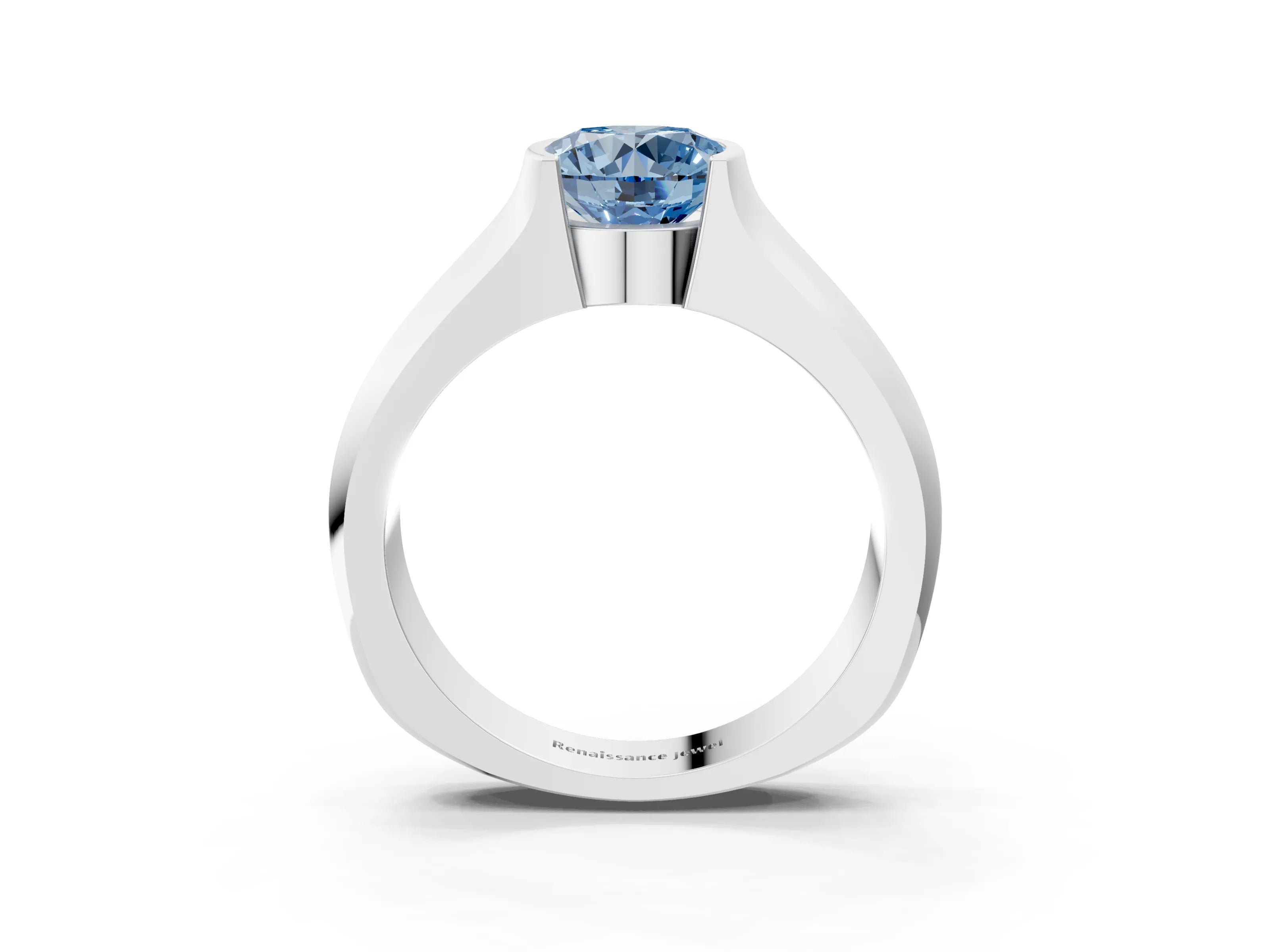 White gold Fancy Blue Round Cut Solitaire Bezel Set Diamond Ring with Wide Band_3