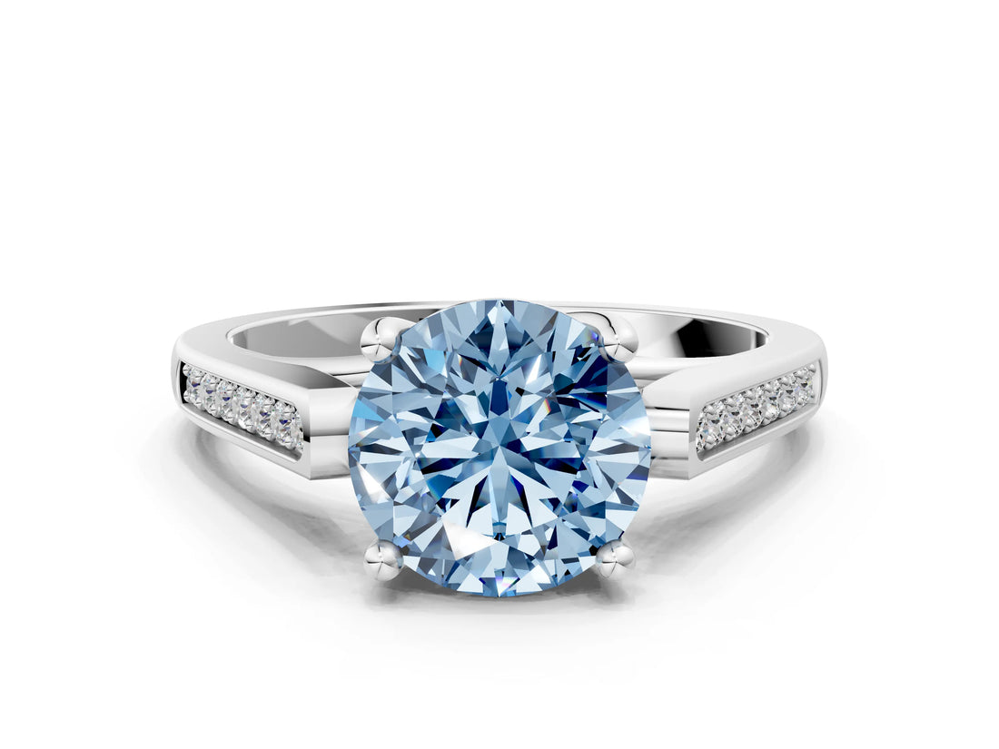 White gold Fancy Blue Round Cut Solitaire Cathedral Diamond Engagement Ring with Channel-Set Band and Four-Prong Setting_15