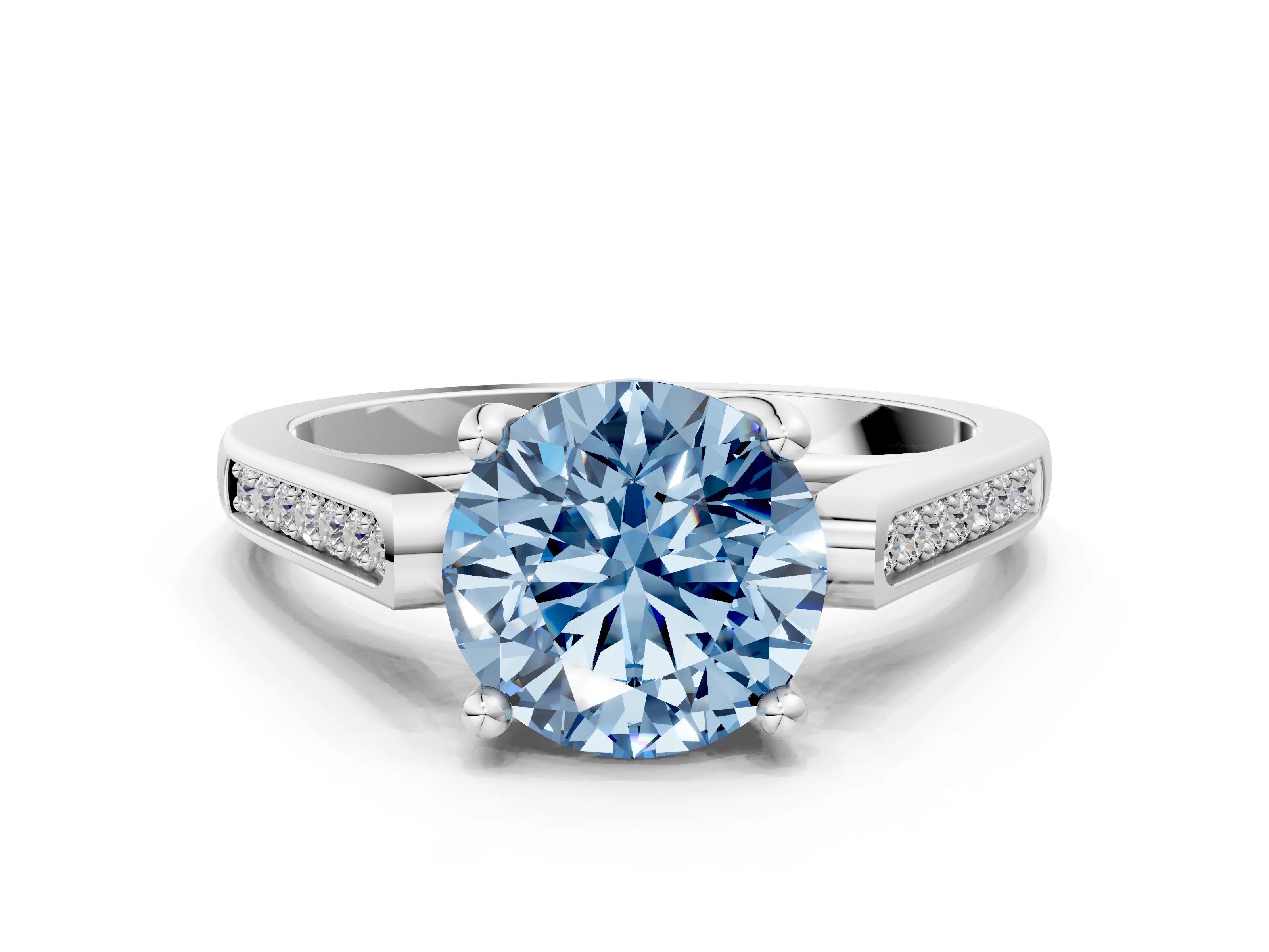 White gold Fancy Blue Round Cut Solitaire Cathedral Diamond Engagement Ring with Channel-Set Band and Four-Prong Setting_15
