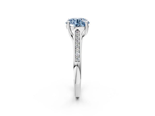 White gold Fancy Blue Round Cut Solitaire Cathedral Diamond Engagement Ring with Channel-Set Band and Four-Prong Setting