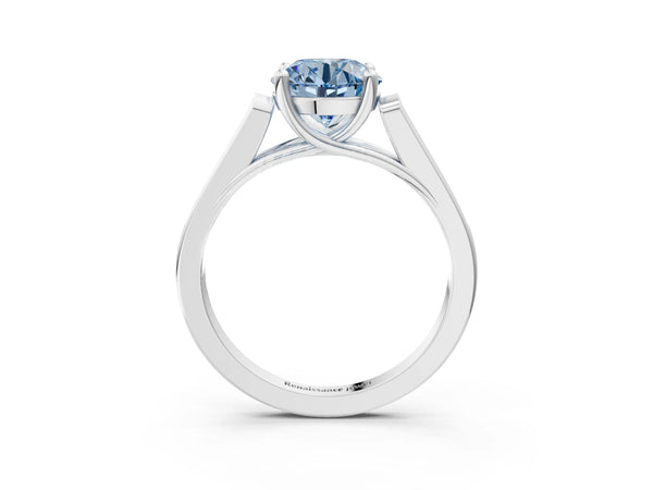 White gold Fancy Blue Round Cut Solitaire Cathedral Diamond Engagement Ring with Channel-Set Band and Four-Prong Setting