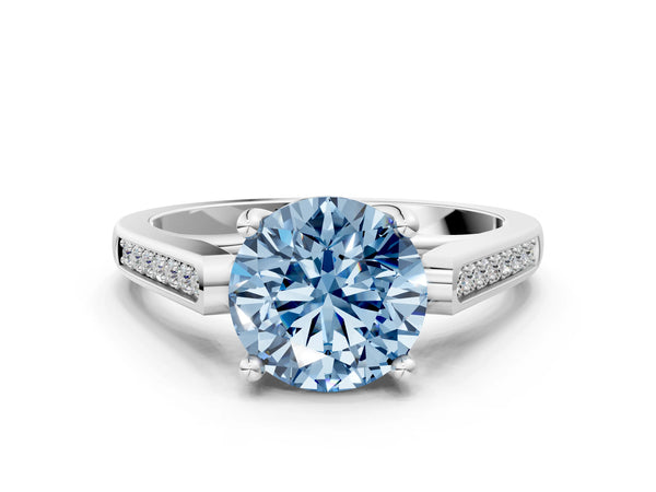 White gold Fancy Blue Round Cut Solitaire Cathedral Diamond Engagement Ring with Channel-Set Band and Four-Prong Setting