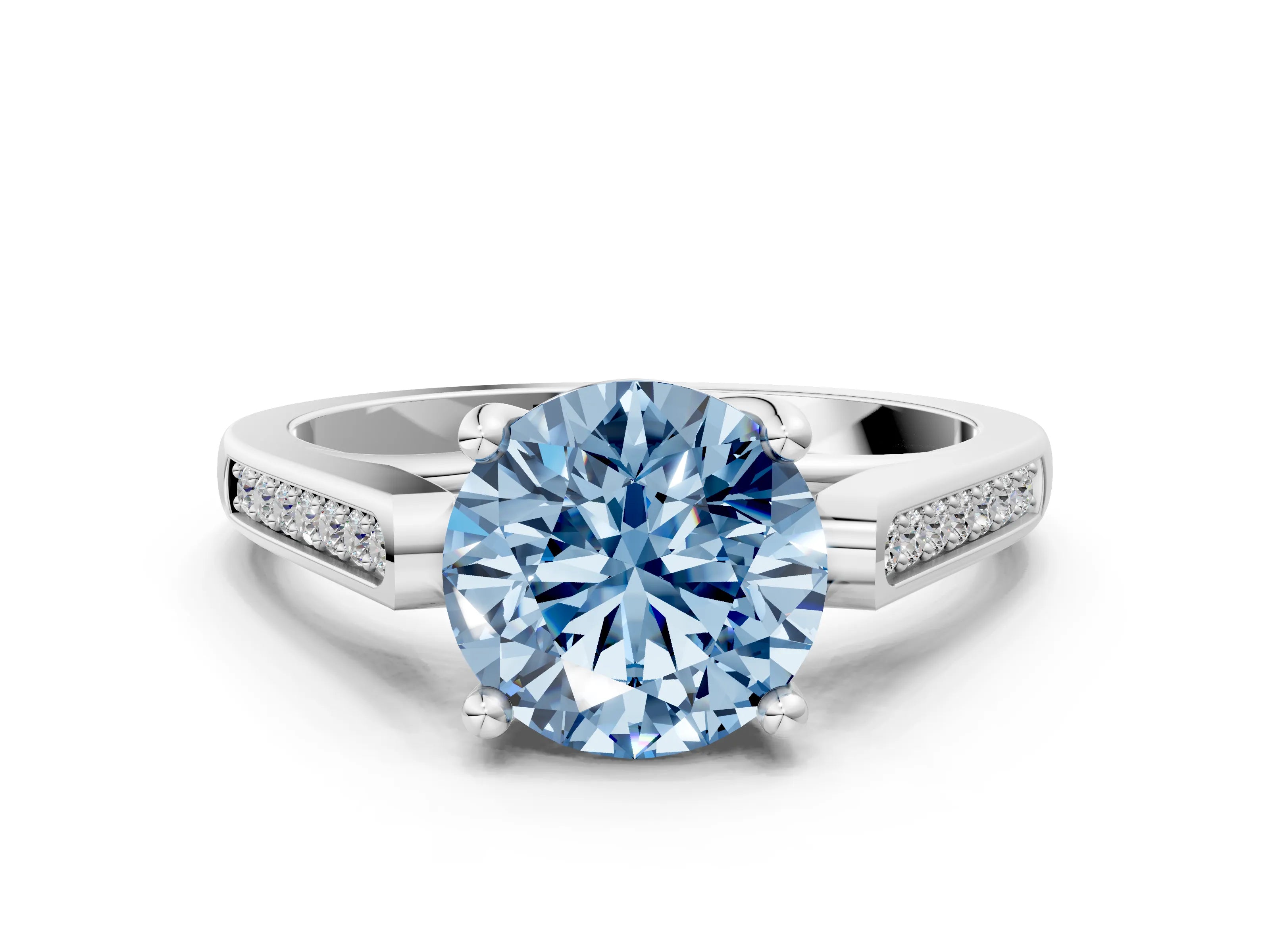White gold Fancy Blue Round Cut Solitaire Cathedral Diamond Engagement Ring with Channel-Set Band and Four-Prong Setting_3