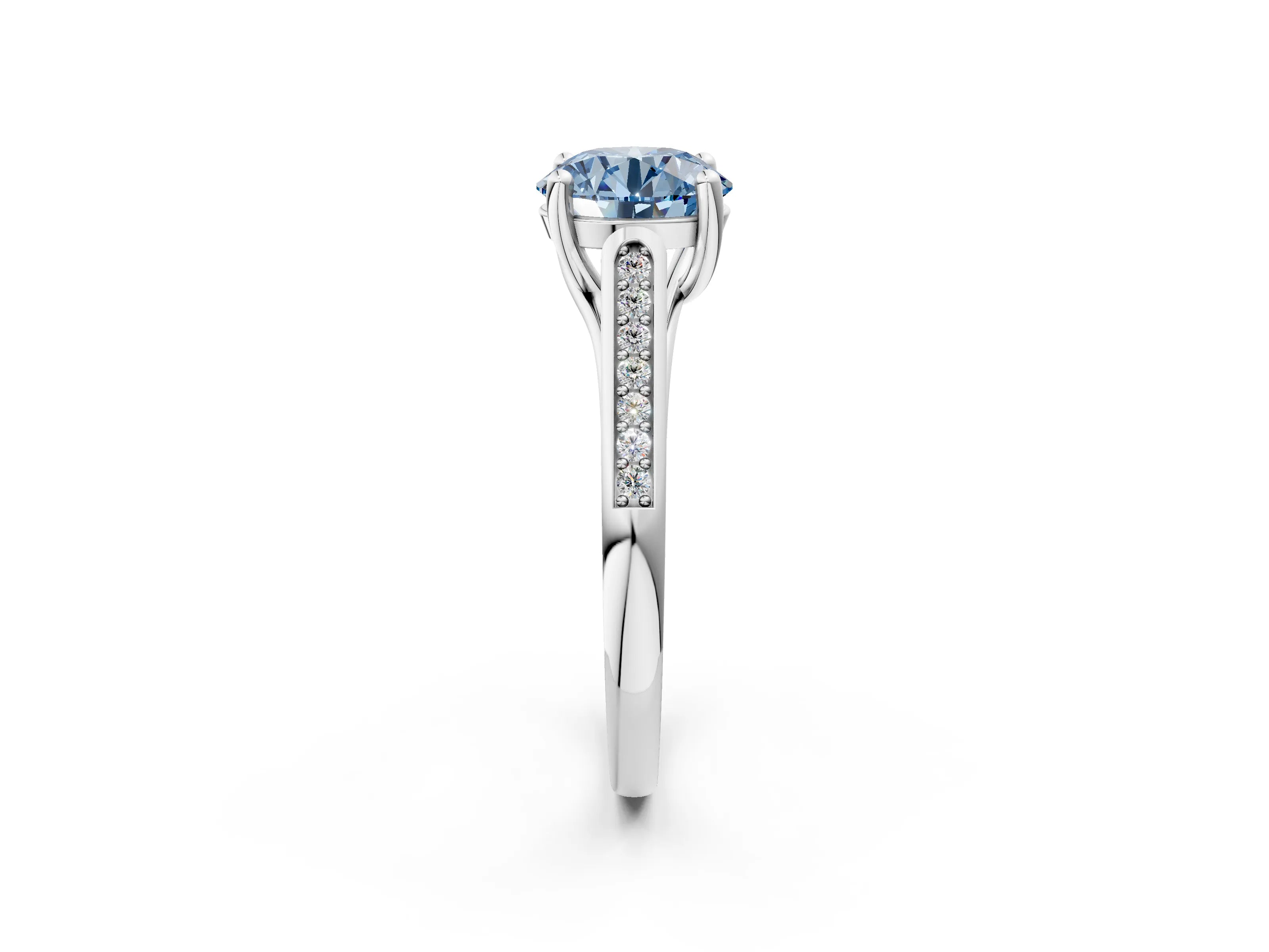 White gold Fancy Blue Round Cut Solitaire Cathedral Diamond Engagement Ring with Channel-Set Band and Four-Prong Setting_5