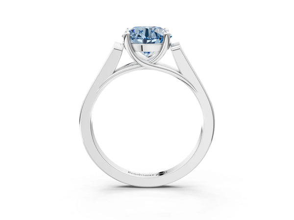 White gold Fancy Blue Round Cut Solitaire Cathedral Diamond Engagement Ring with Channel-Set Band and Four-Prong Setting