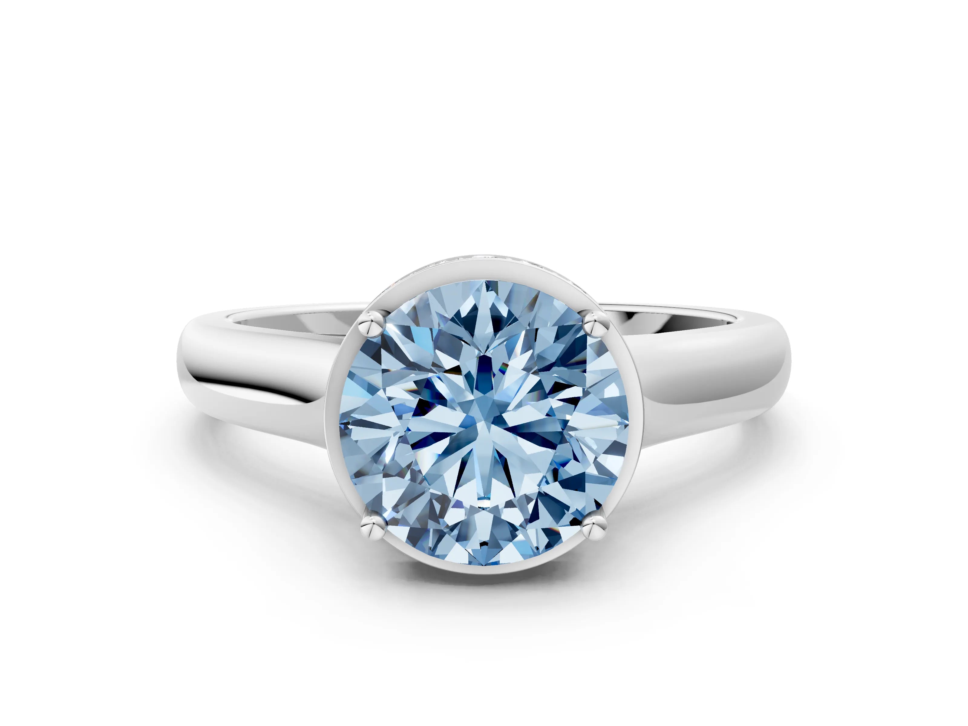 White gold Fancy Blue Round Cut Solitaire Diamond Engagement Ring with Four-Prong Setting and Tapered Band