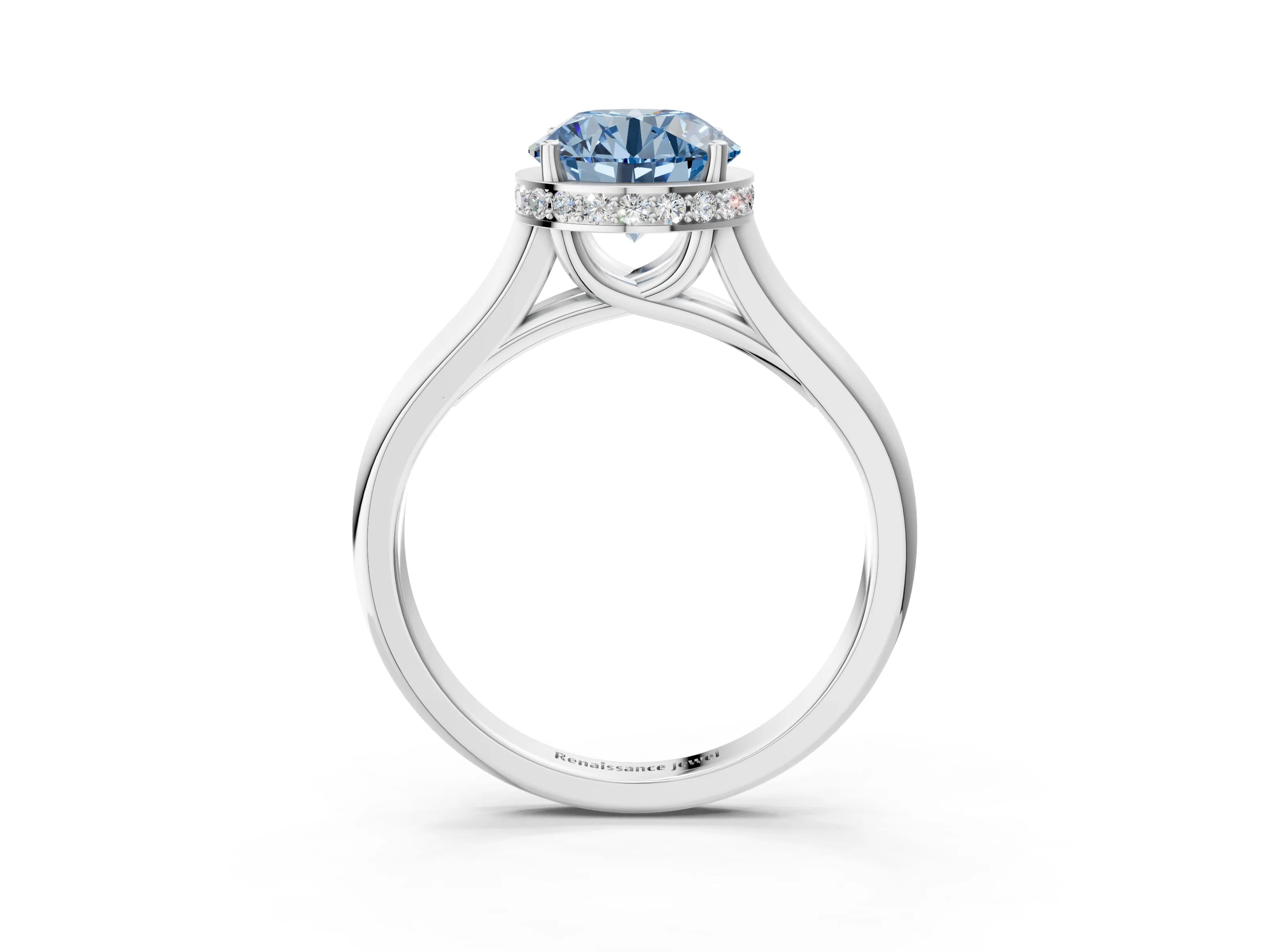 White gold Fancy Blue Round Cut Solitaire Diamond Engagement Ring with Four-Prong Setting and Tapered Band_15