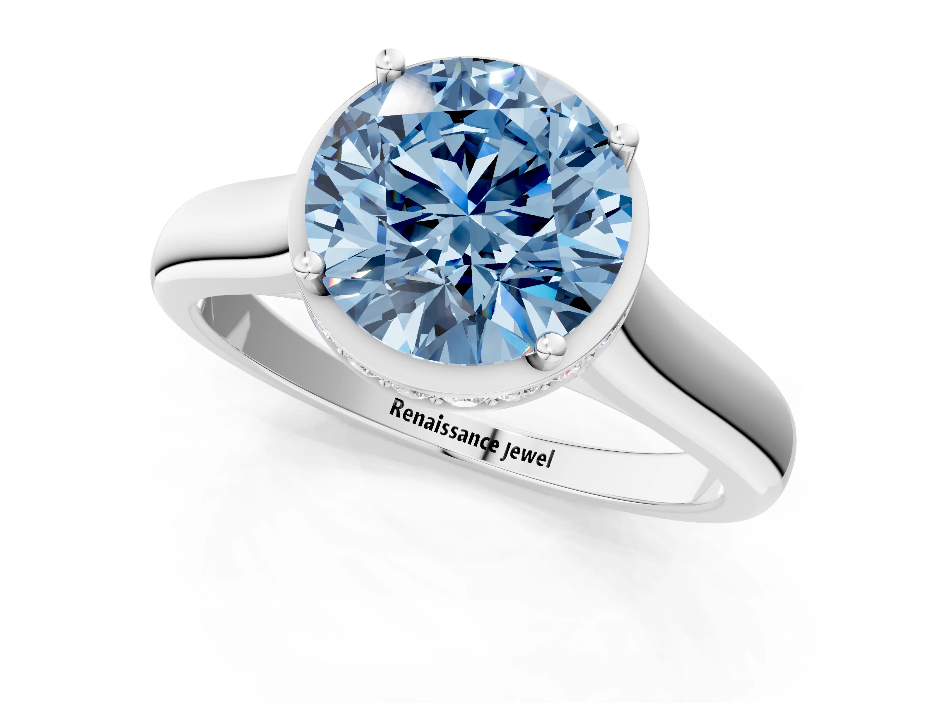 White gold Fancy Blue Round Cut Solitaire Diamond Engagement Ring with Four-Prong Setting and Tapered Band_1