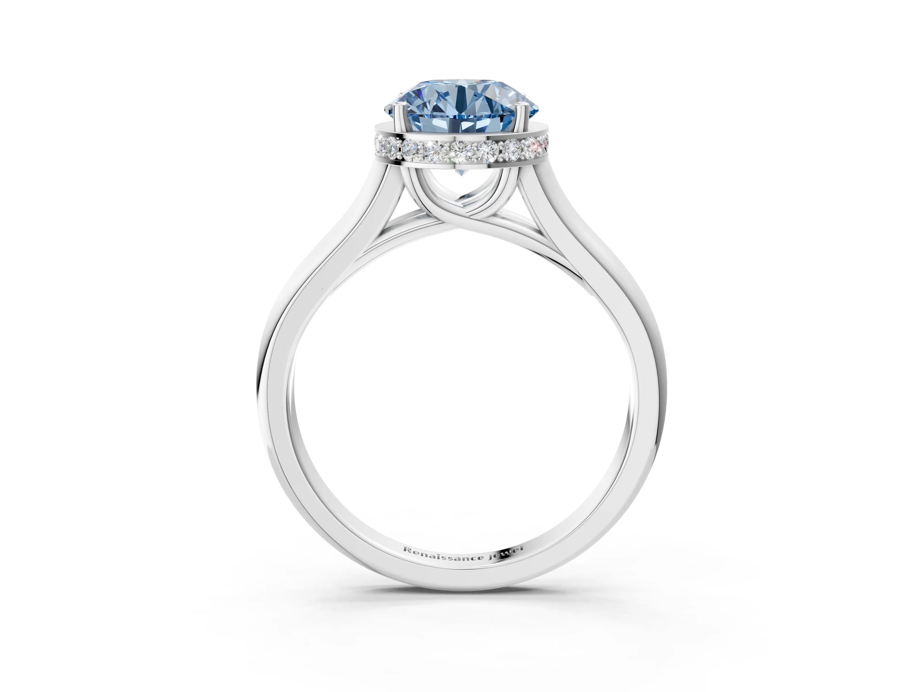 White gold Fancy Blue Round Cut Solitaire Diamond Engagement Ring with Four-Prong Setting and Tapered Band_3
