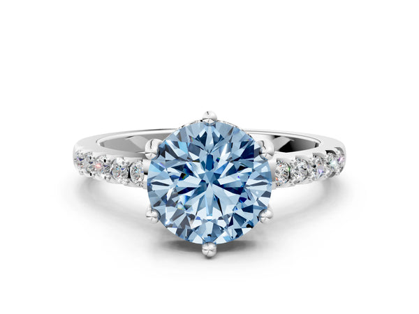 Platinum Fancy Blue Round Cut Solitaire Diamond Engagement Ring with Pavé Band and Six-Prong Setting