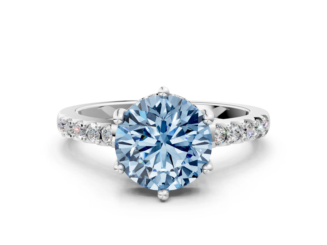 White gold Fancy Blue Round Cut Solitaire Diamond Engagement Ring with Pavé Band and Six-Prong Setting_12