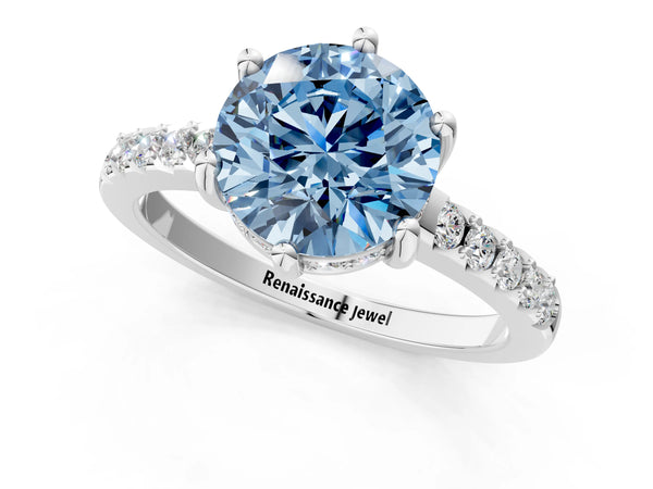 Platinum Fancy Blue Round Cut Solitaire Diamond Engagement Ring with Pavé Band and Six-Prong Setting