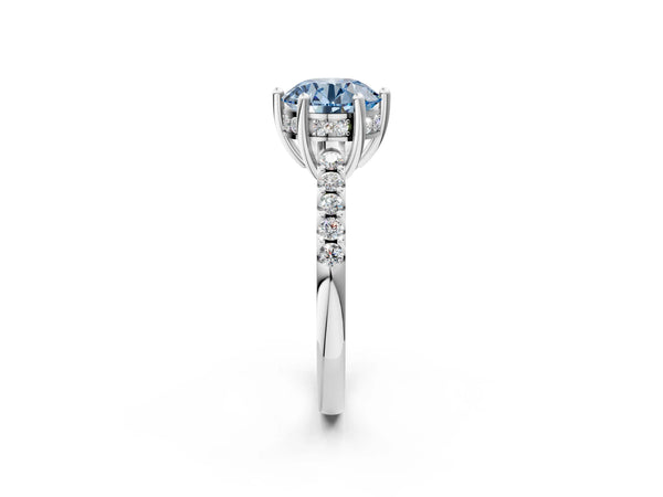 Platinum Fancy Blue Round Cut Solitaire Diamond Engagement Ring with Pavé Band and Six-Prong Setting
