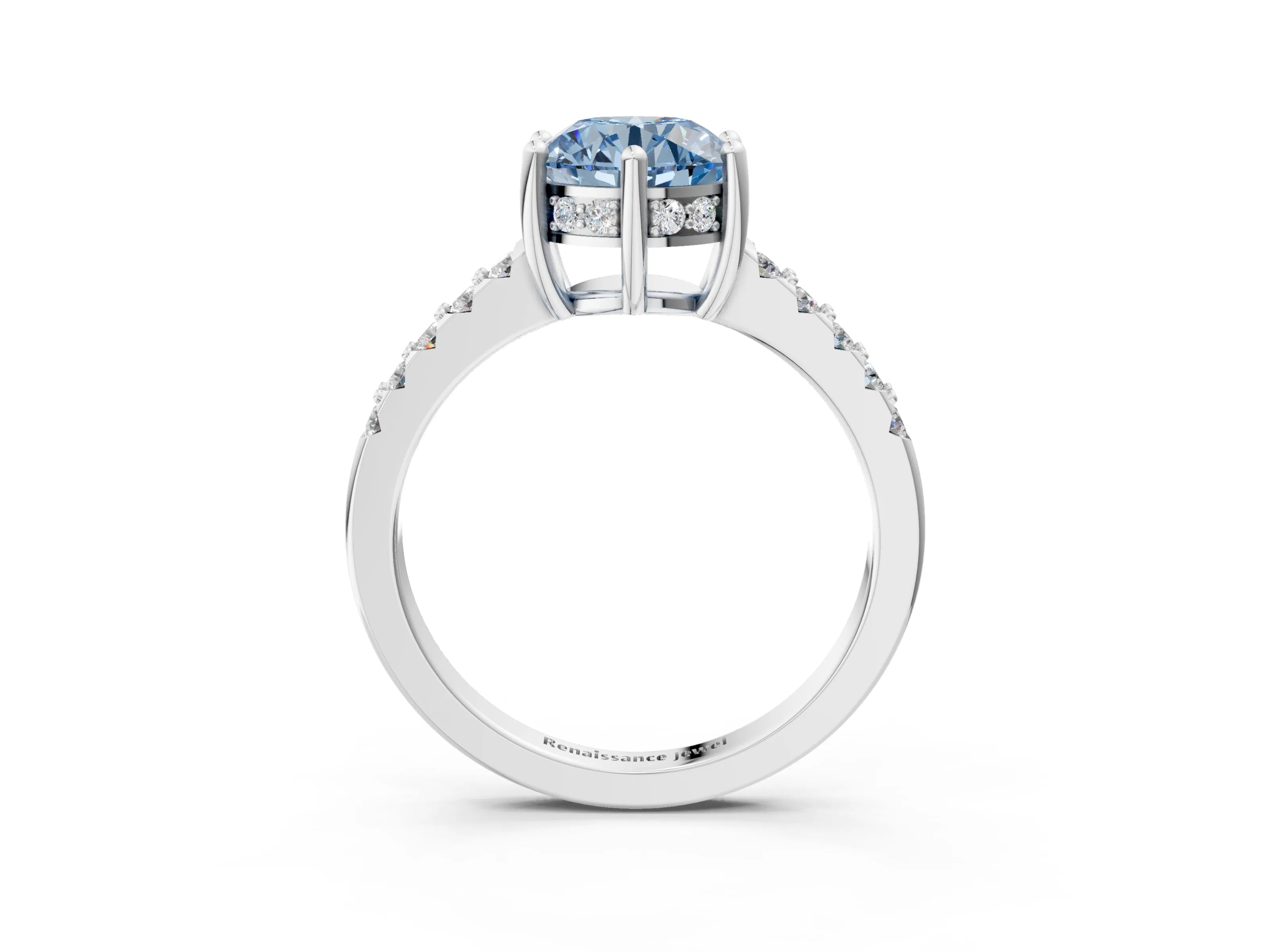 White gold Fancy Blue Round Cut Solitaire Diamond Engagement Ring with Pavé Band and Six-Prong Setting_15