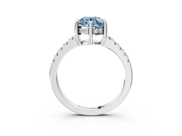 Platinum Fancy Blue Round Cut Solitaire Diamond Engagement Ring with Pavé Band and Six-Prong Setting