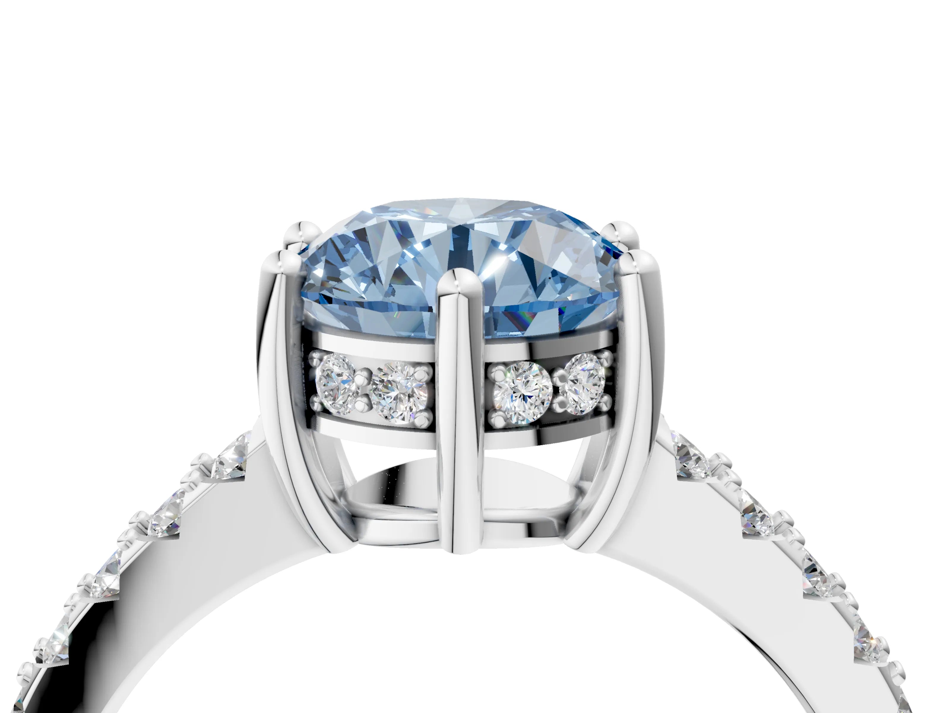 White gold Fancy Blue Round Cut Solitaire Diamond Engagement Ring with Pavé Band and Six-Prong Setting_16