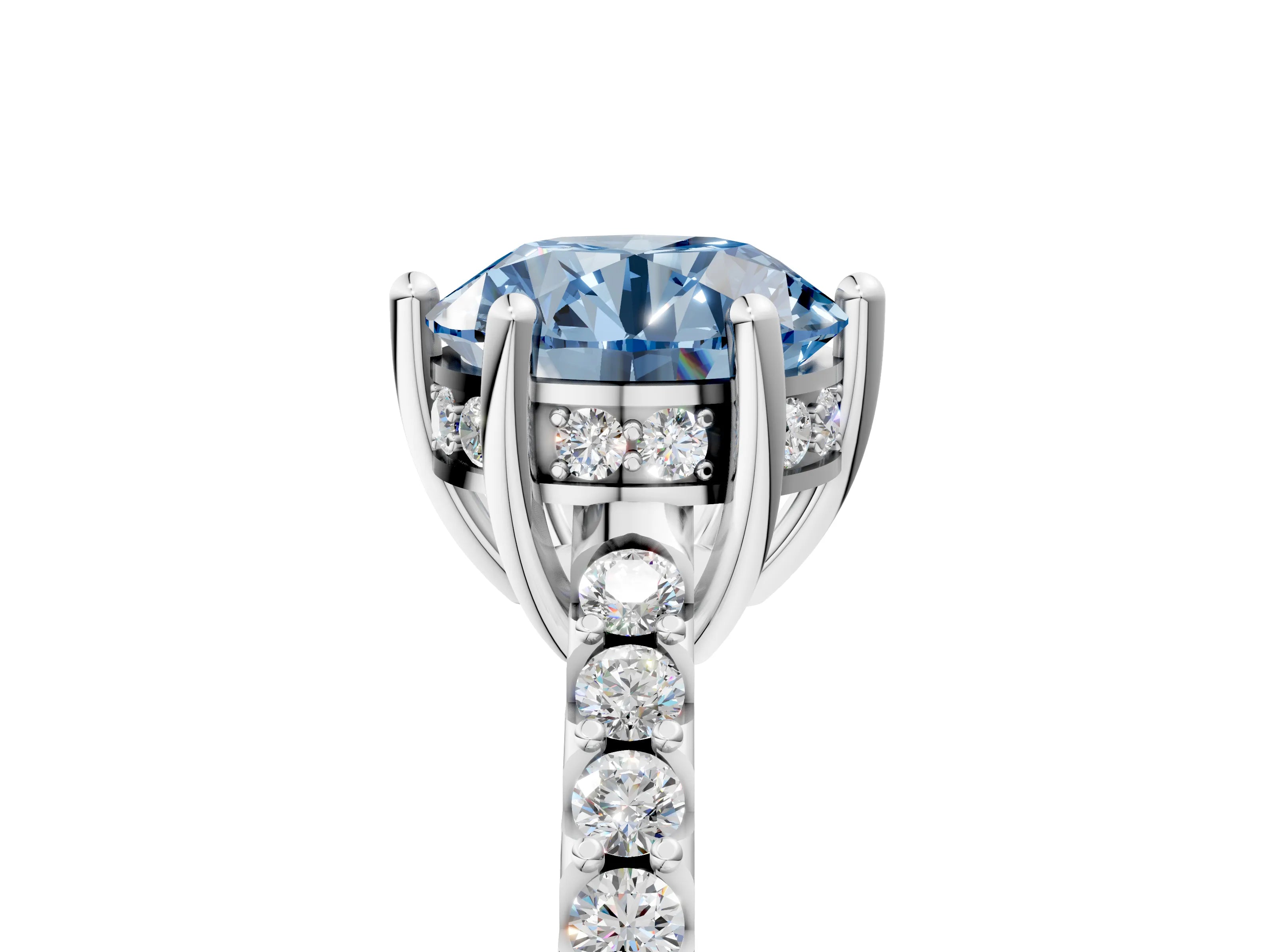 White gold Fancy Blue Round Cut Solitaire Diamond Engagement Ring with Pavé Band and Six-Prong Setting_17