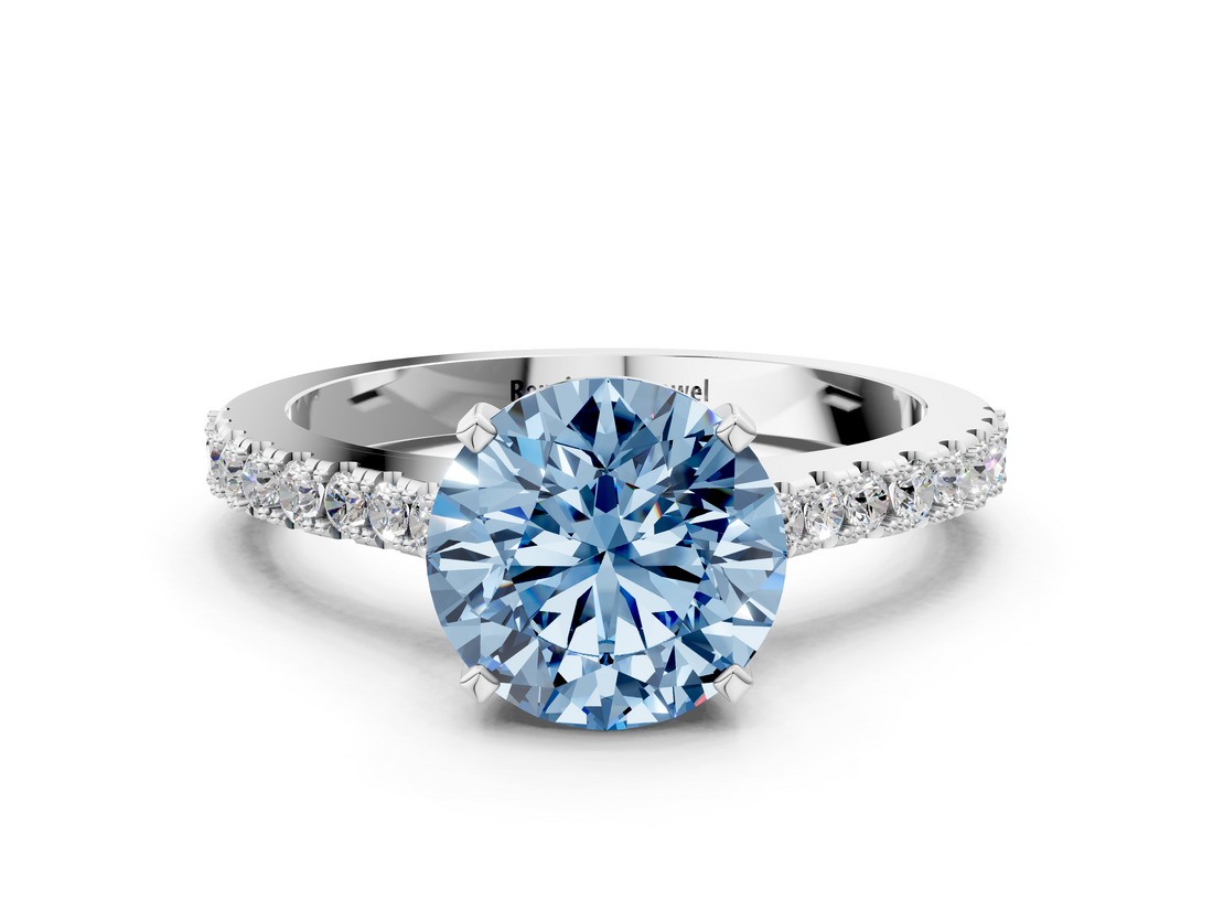 White gold Fancy Blue Round  Cut Solitaire Diamond Engagement Ring with Pave Band and Four-Prong Setting_164