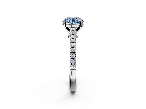 White gold Fancy Blue Round  Cut Solitaire Diamond Engagement Ring with Pave Band and Four-Prong Setting