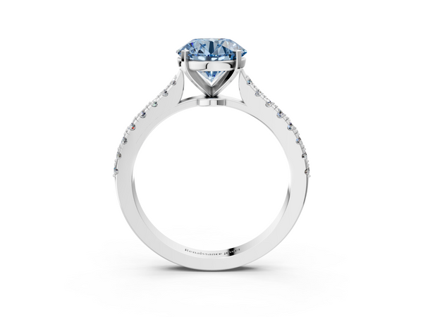 White gold Fancy Blue Round  Cut Solitaire Diamond Engagement Ring with Pave Band and Four-Prong Setting