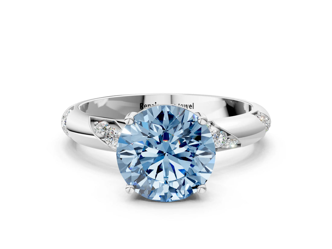 White gold Fancy Blue Round Cut Solitaire Diamond Engagement Ring with Twisted Pave Band and Four-Prong Setting_19