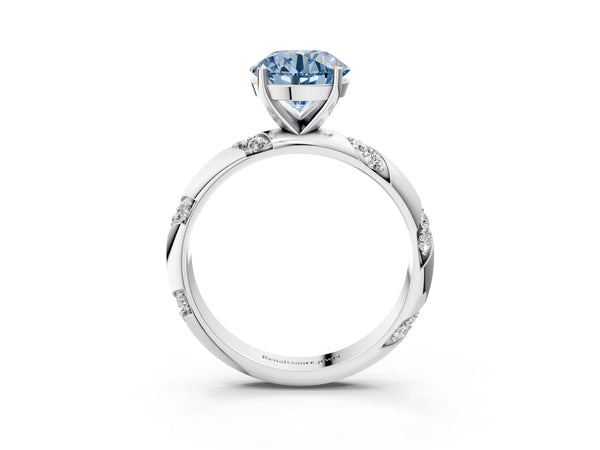 Platinum Fancy Blue Round Cut Solitaire Diamond Engagement Ring with Twisted Pave Band and Four-Prong Setting