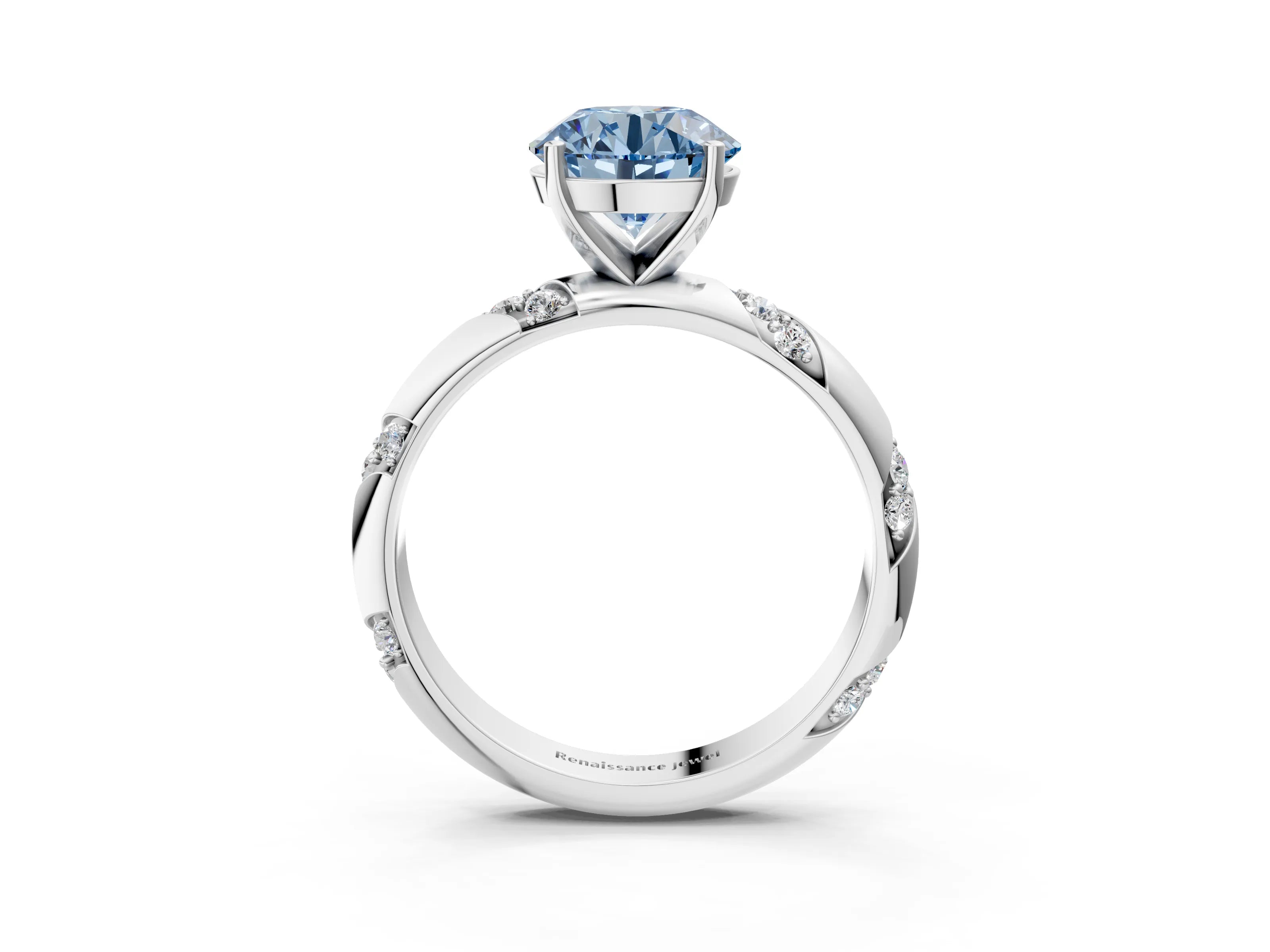 White gold Fancy Blue Round Cut Solitaire Diamond Engagement Ring with Twisted Pave Band and Four-Prong Setting_22