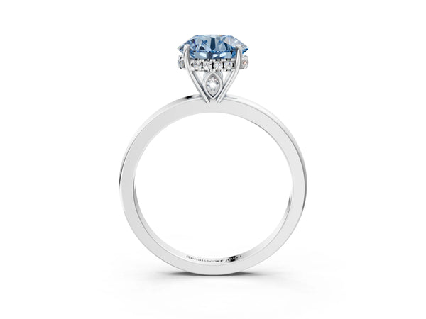 Platinum Round Thin Band Hidden Halo Engagement Ring Setting for Fancy Blue Center