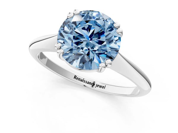 Platinum Fancy Blue Round Cut Solitaire Diamond Ring with Six-Prong Setting and Classic Band