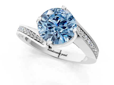 White gold Fancy Blue Round Cut Solitaire Diamond Twist Band with Pavé Setting and Four-Prong Setting_13