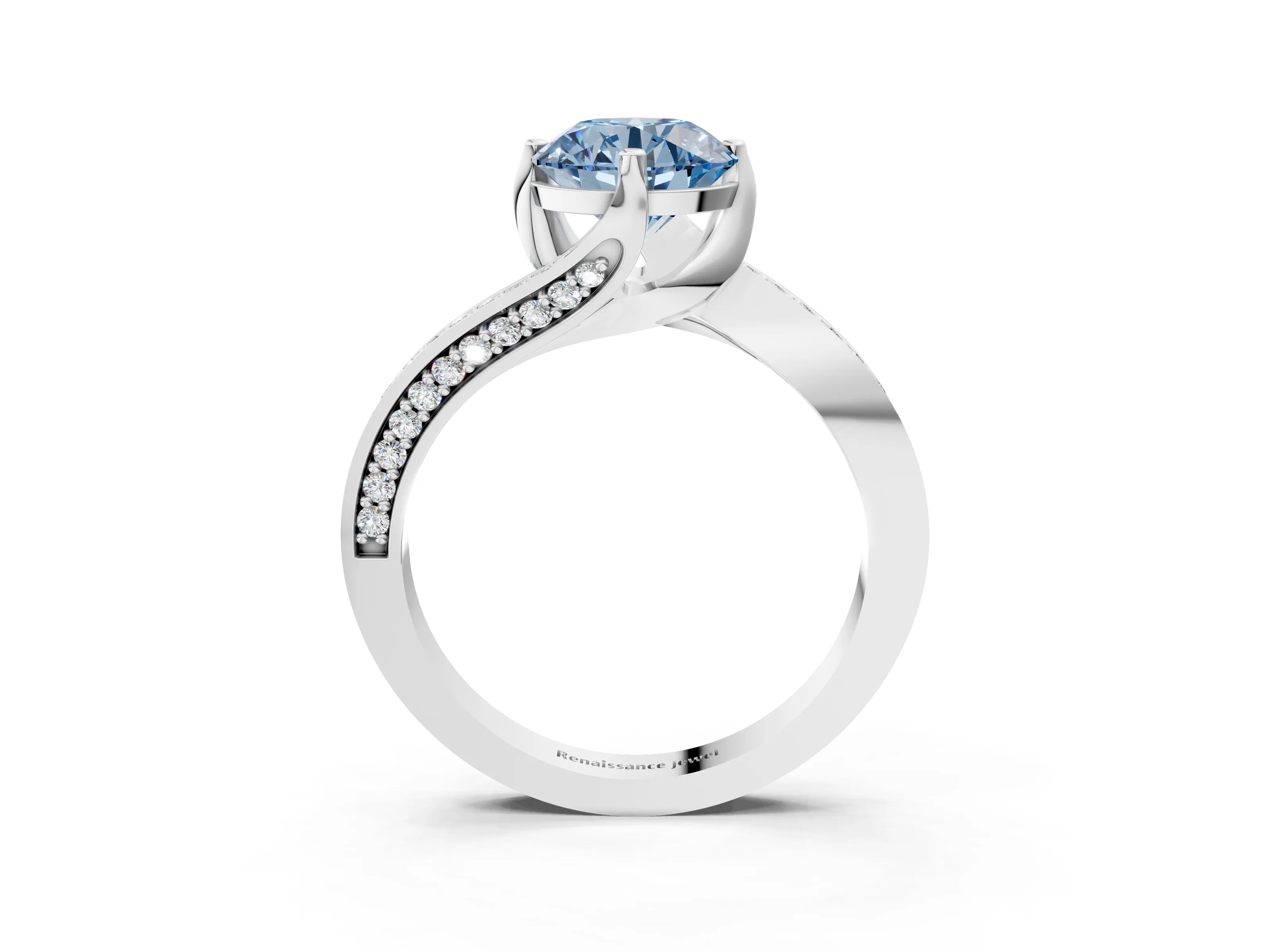 White gold Fancy Blue Round Cut Solitaire Diamond Twist Band with Pavé Setting and Four-Prong Setting_15