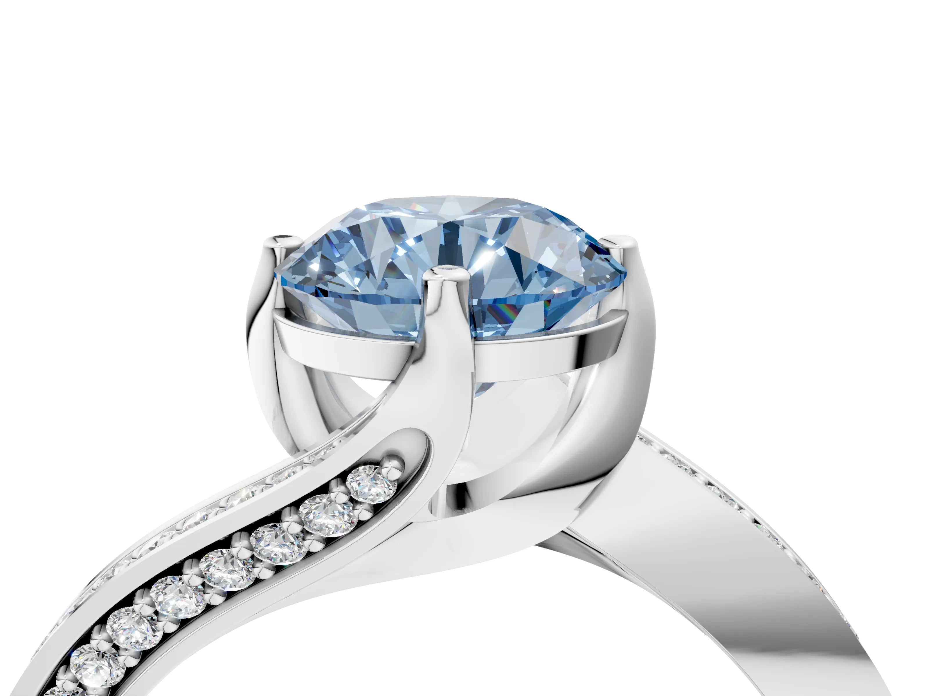 White gold Fancy Blue Round Cut Solitaire Diamond Twist Band with Pavé Setting and Four-Prong Setting_16