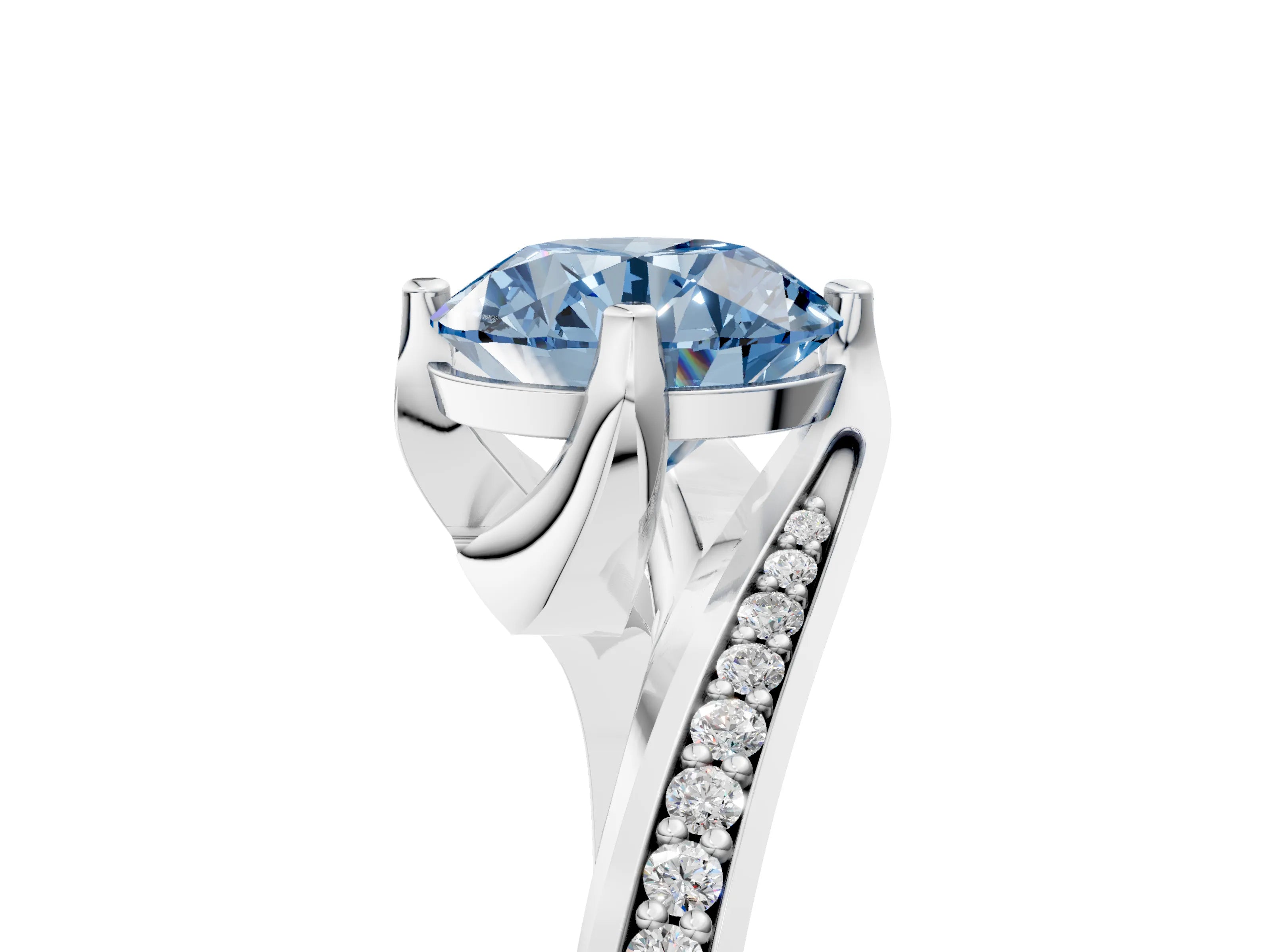 White gold Fancy Blue Round Cut Solitaire Diamond Twist Band with Pavé Setting and Four-Prong Setting_17
