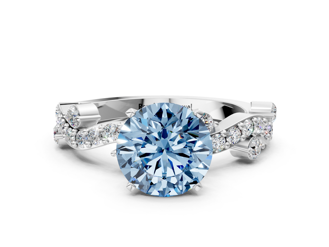 White gold Fancy Blue Round  Cut Solitaire Diamond Twisted Band with Pave Setting_64