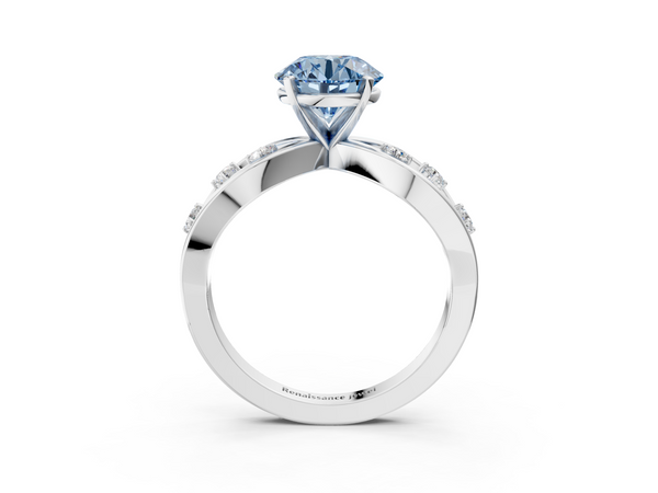 Platinum Fancy Blue Round  Cut Solitaire Diamond with Side Stones on Criss-Cross Band and Four-Prong Setting