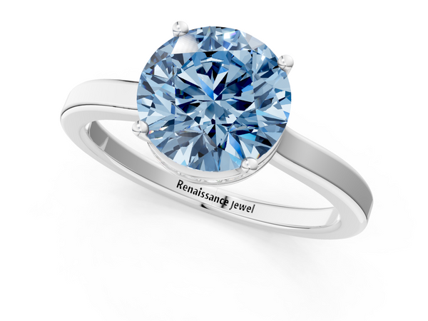 Platinum Fancy Blue Round  Cut Solitaire Engagement Ring with Four-Prong Setting on a Classic Band