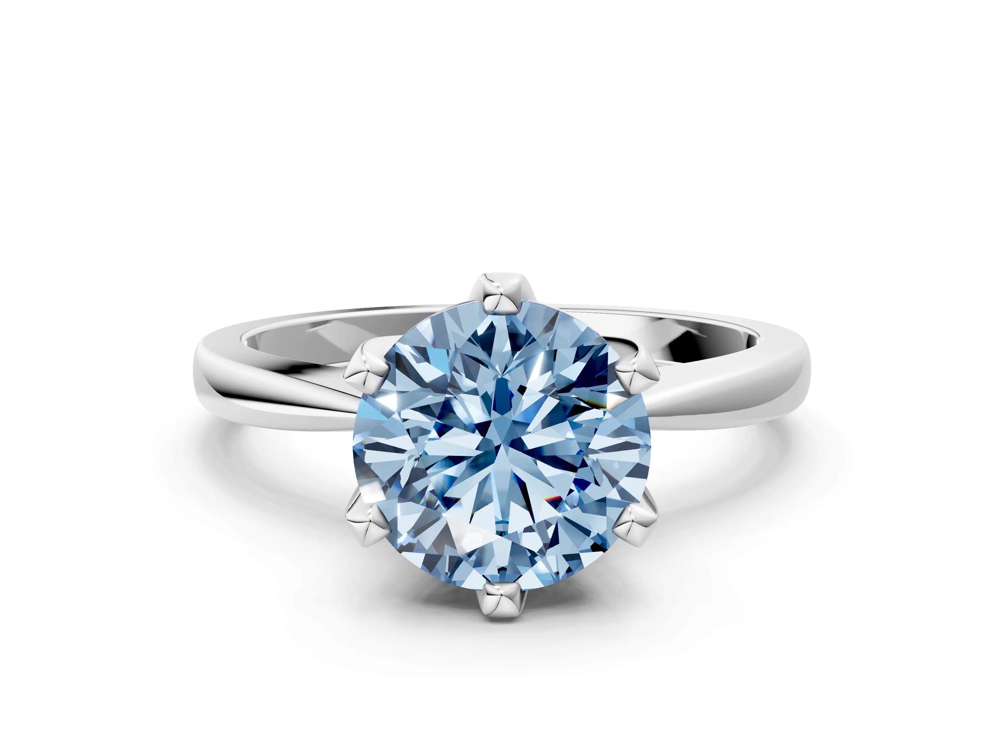 White gold Fancy Blue Round Cut Solitaire Engagement Ring with Six-Prong Setting and Tapered Band