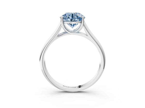 Platinum Fancy Blue Round Cut Solitaire Engagement Ring with Tapered Band and Four-Prong Setting