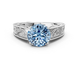 White gold Fancy Blue Round  Cut Solitaire Engraved Band with Four-Prong Setting_62