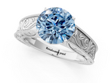 White gold Fancy Blue Round  Cut Solitaire Engraved Band with Four-Prong Setting_63