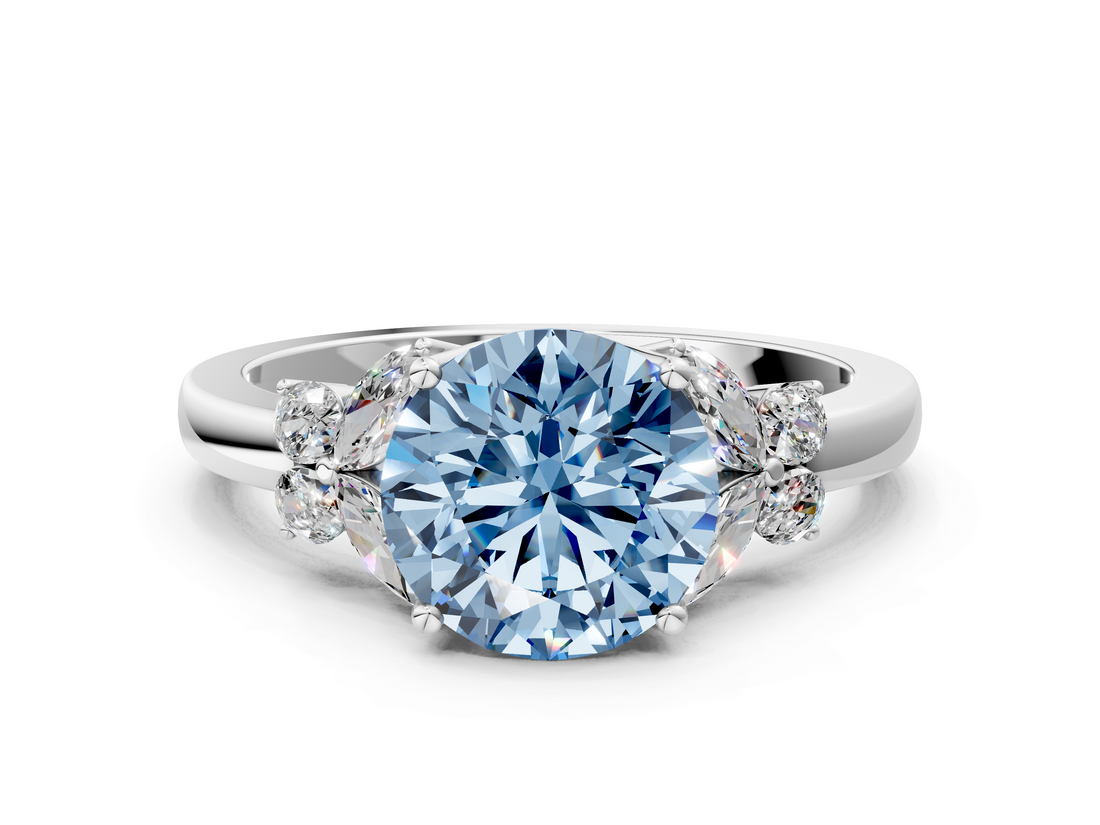 White gold Fancy Blue Round  Cut Solitaire Floral Diamond Ring with Four-Prong Setting_37