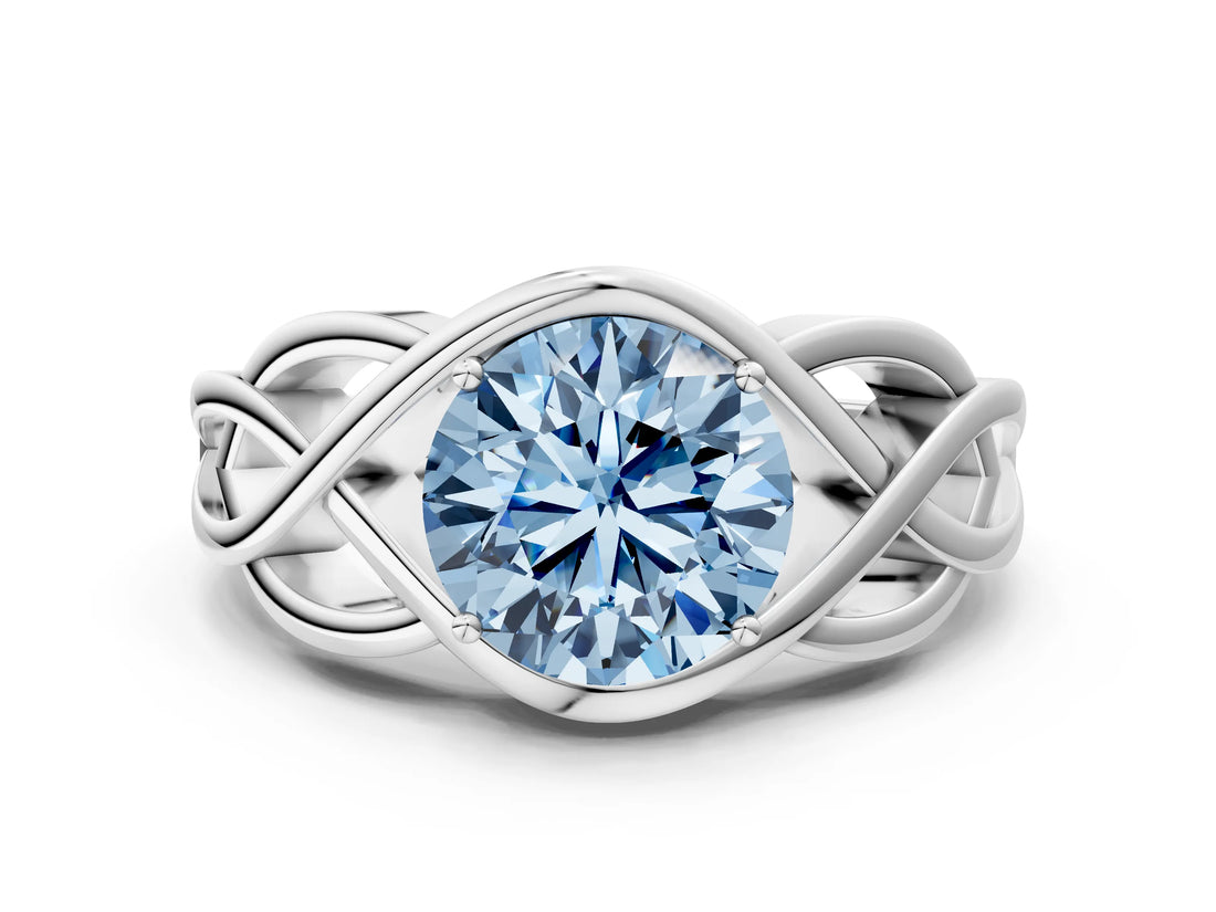 White gold Fancy Blue Round Cut Solitaire Intertwined Band Prong Setting Ring